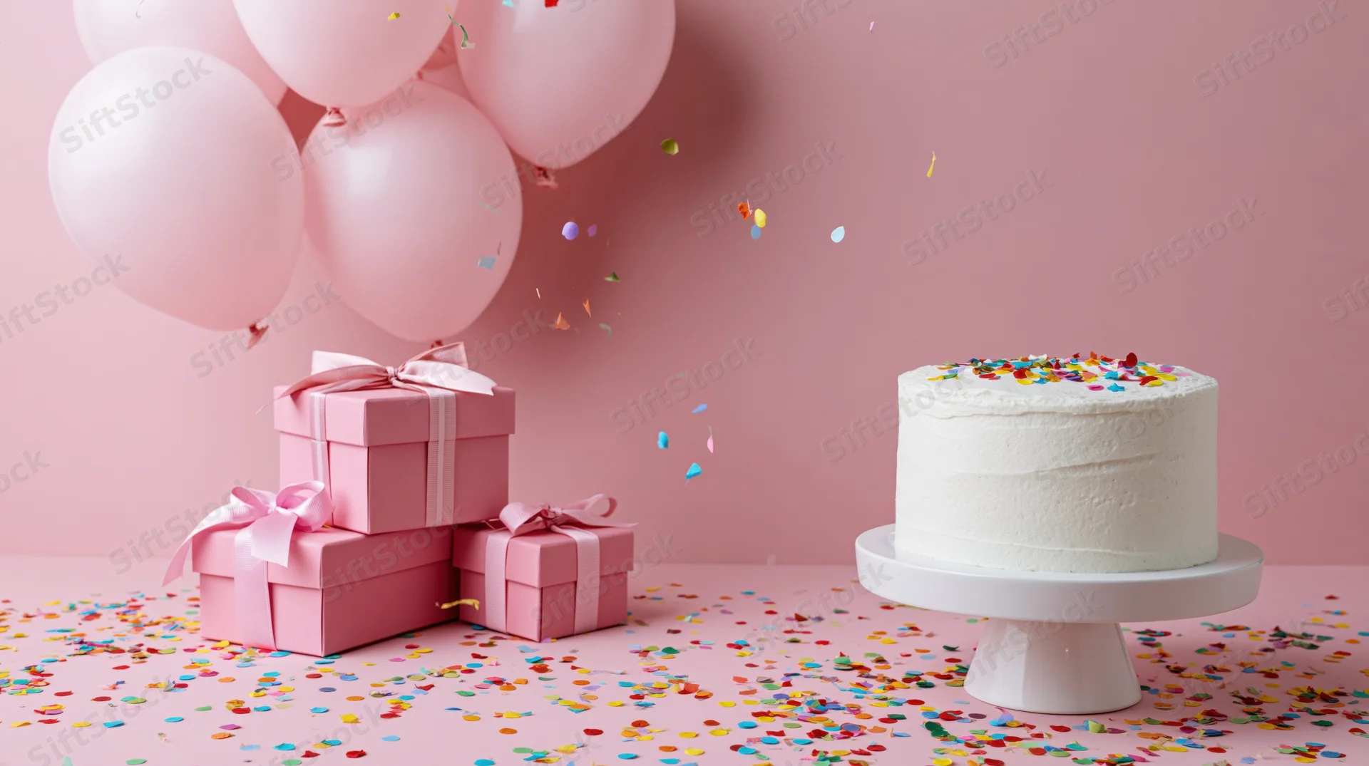 White frosted cake on a stand with pink balloons and gift boxes surrounded by confetti on a pink surface