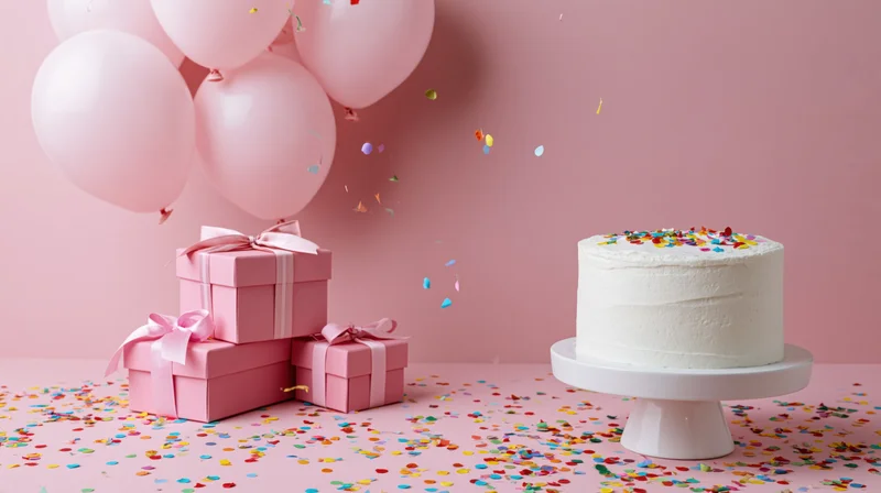 White frosted cake on a stand with pink balloons and gift boxes surrounded by confetti on a pink surface