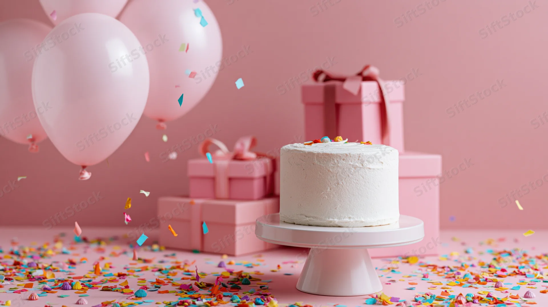 White frosted cake on a stand surrounded by pink balloons, gift boxes and scattered confetti on a pink surface