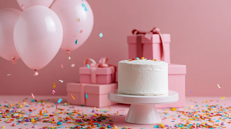 White frosted cake on a stand surrounded by pink balloons, gift boxes and scattered confetti on a pink surface