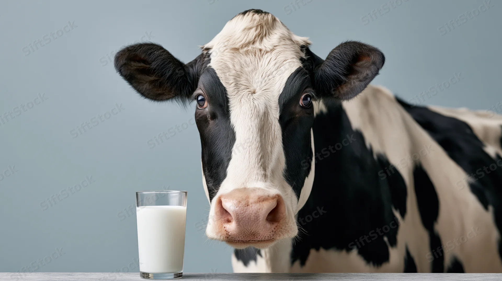 Holstein cow facing forward beside a full glass of milk on a table