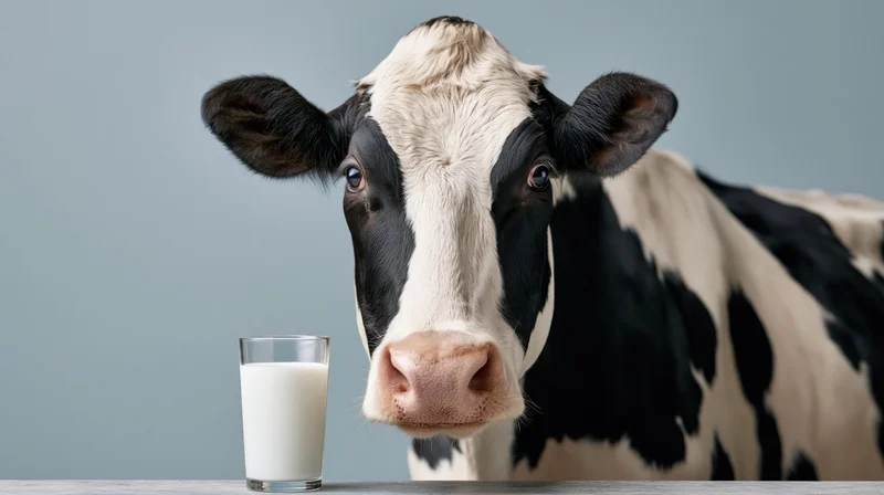 Holstein cow facing forward beside a full glass of milk on a table