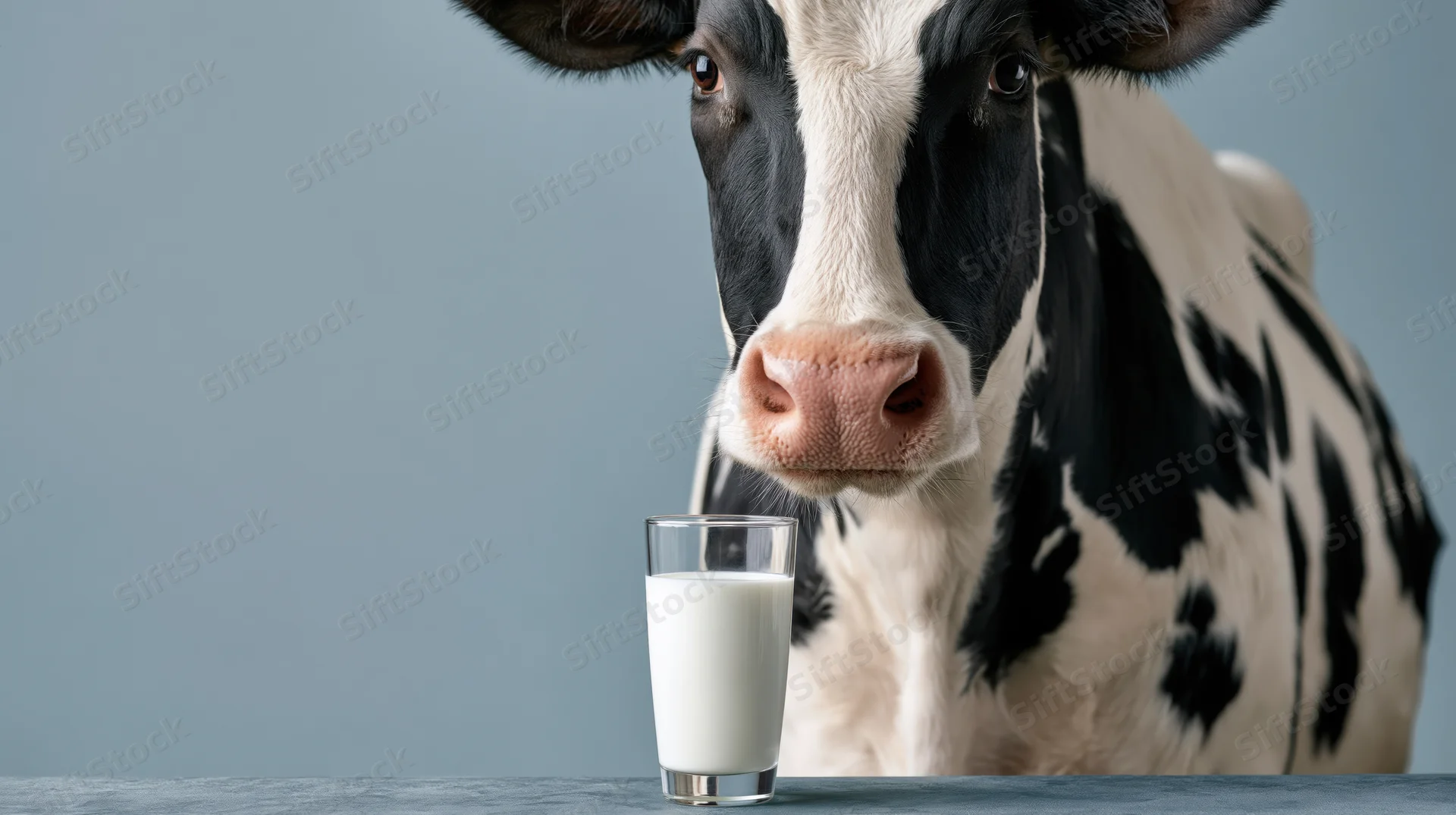 Holstein cow facing forward beside a full glass of milk on a table