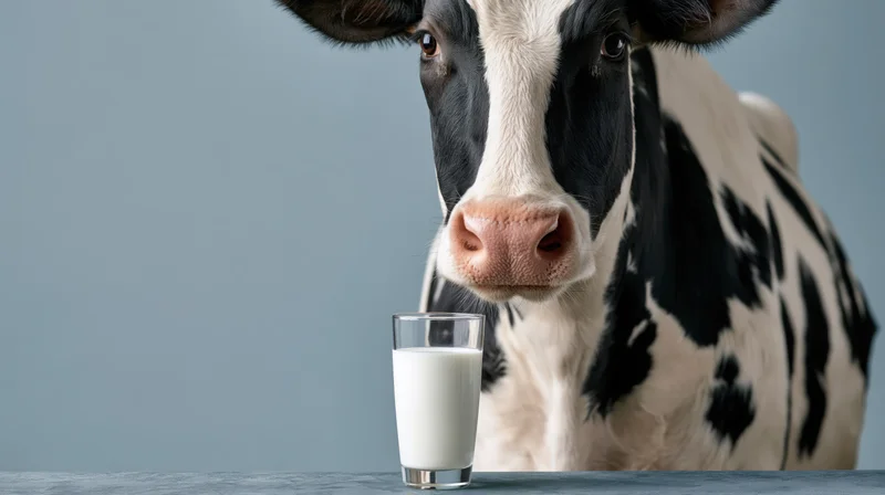 Holstein cow facing forward beside a full glass of milk on a table