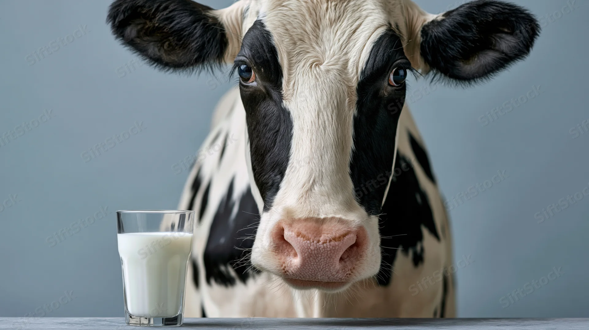 Holstein cow facing forward beside a full glass of milk on a table