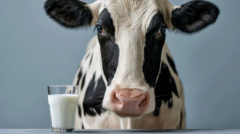 Holstein cow facing forward beside a full glass of milk on a table