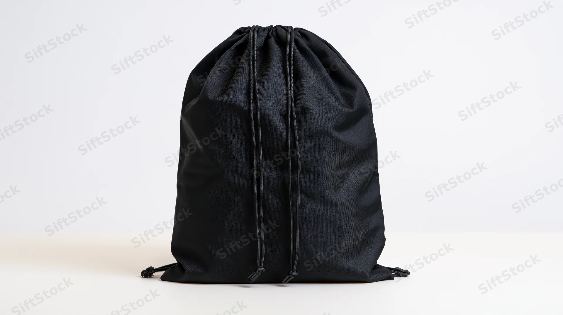 Black drawstring backpack standing upright on white surface