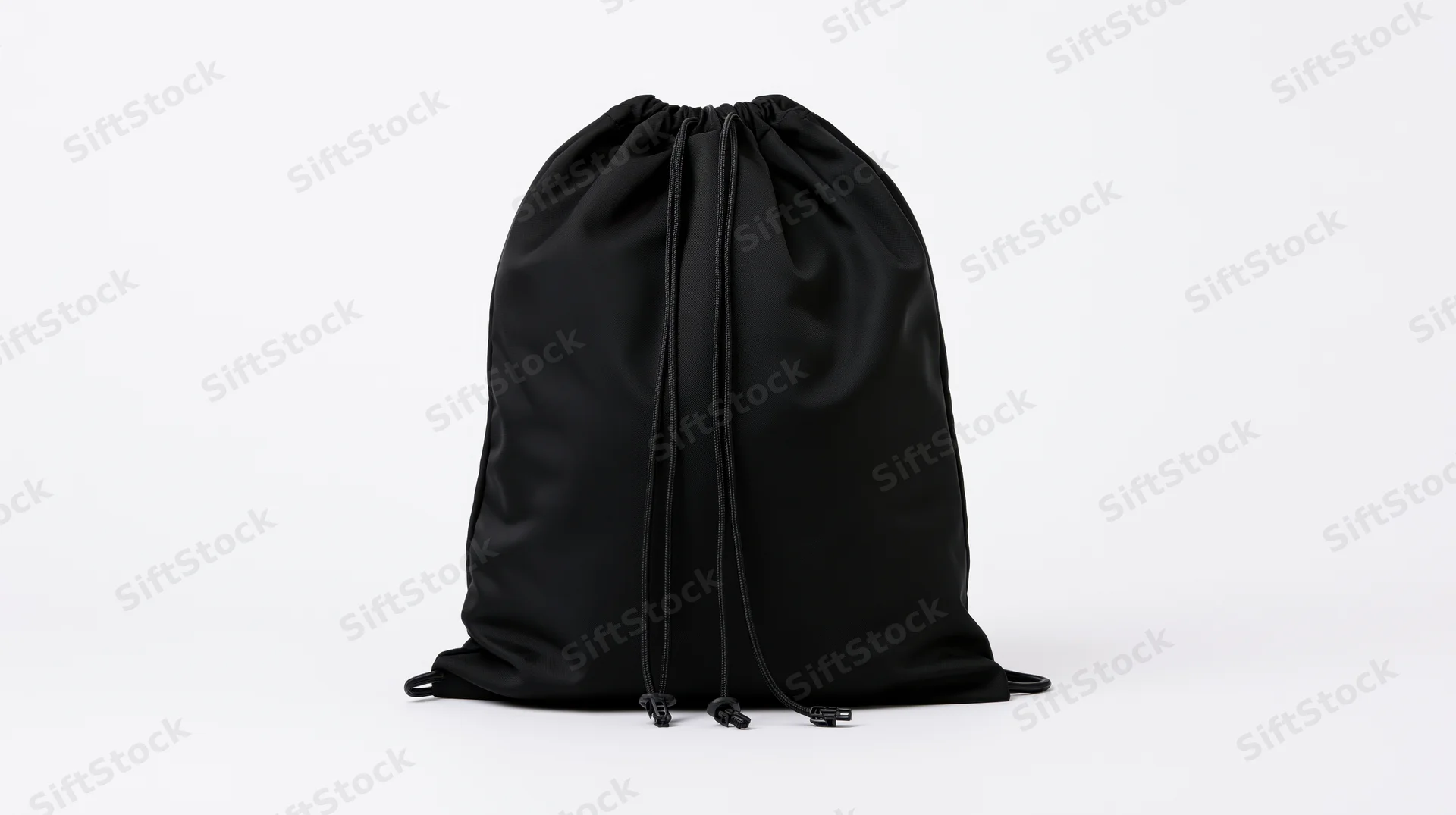 Black drawstring backpack standing upright on white background