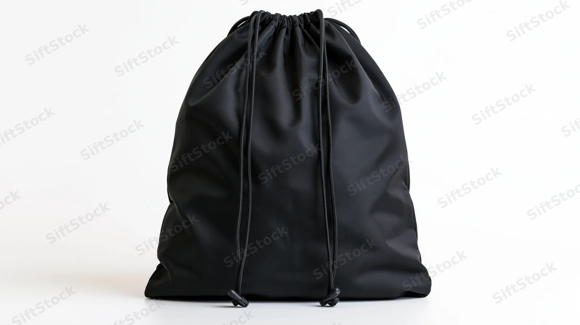 Black drawstring backpack standing upright on white background
