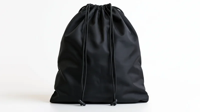 Black drawstring backpack standing upright on white background