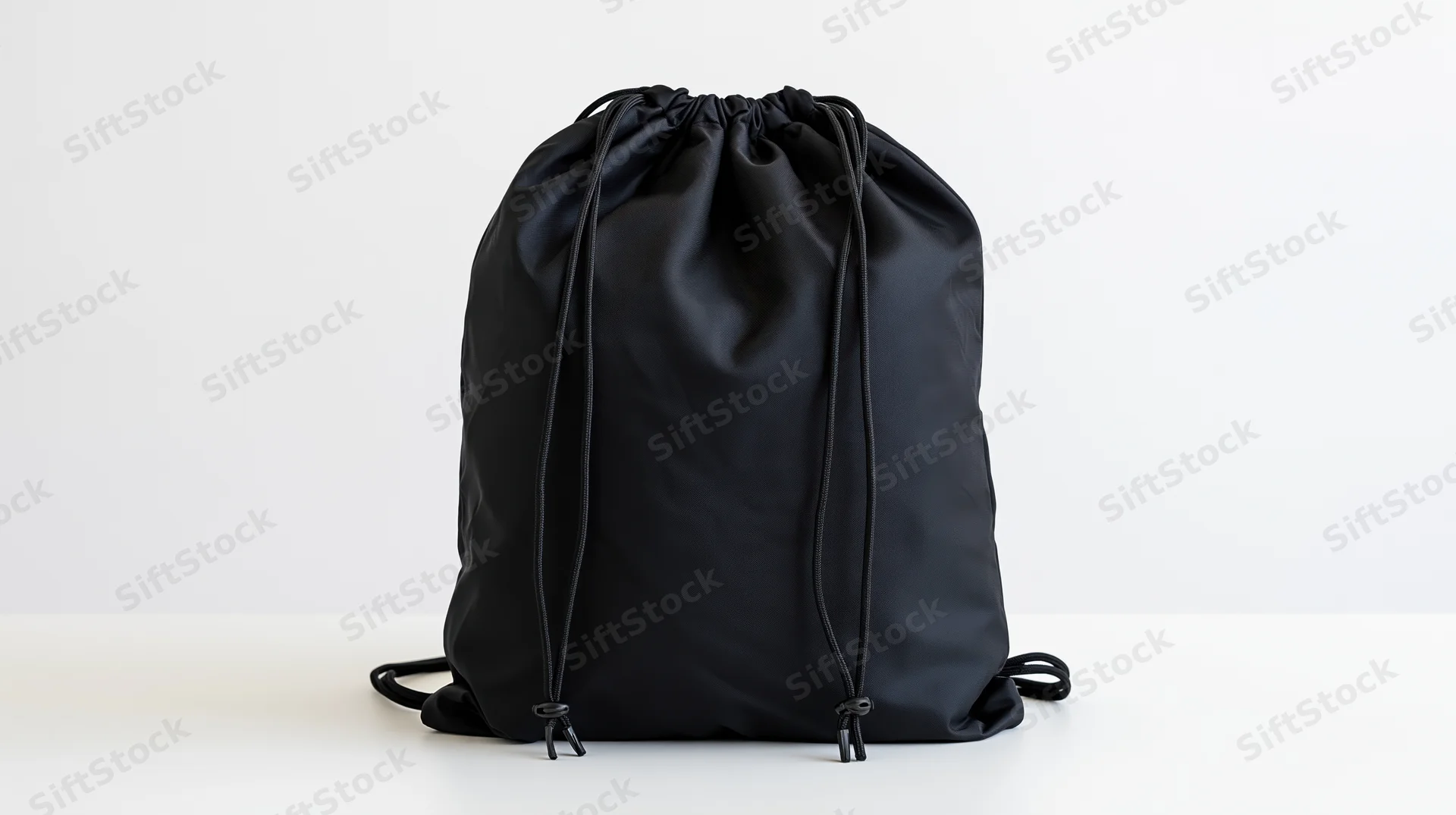 Black drawstring backpack standing upright on white surface