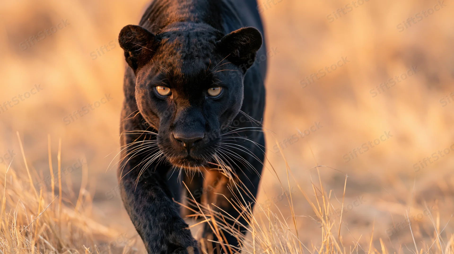 Black leopard stalking forward through dry grass in golden light