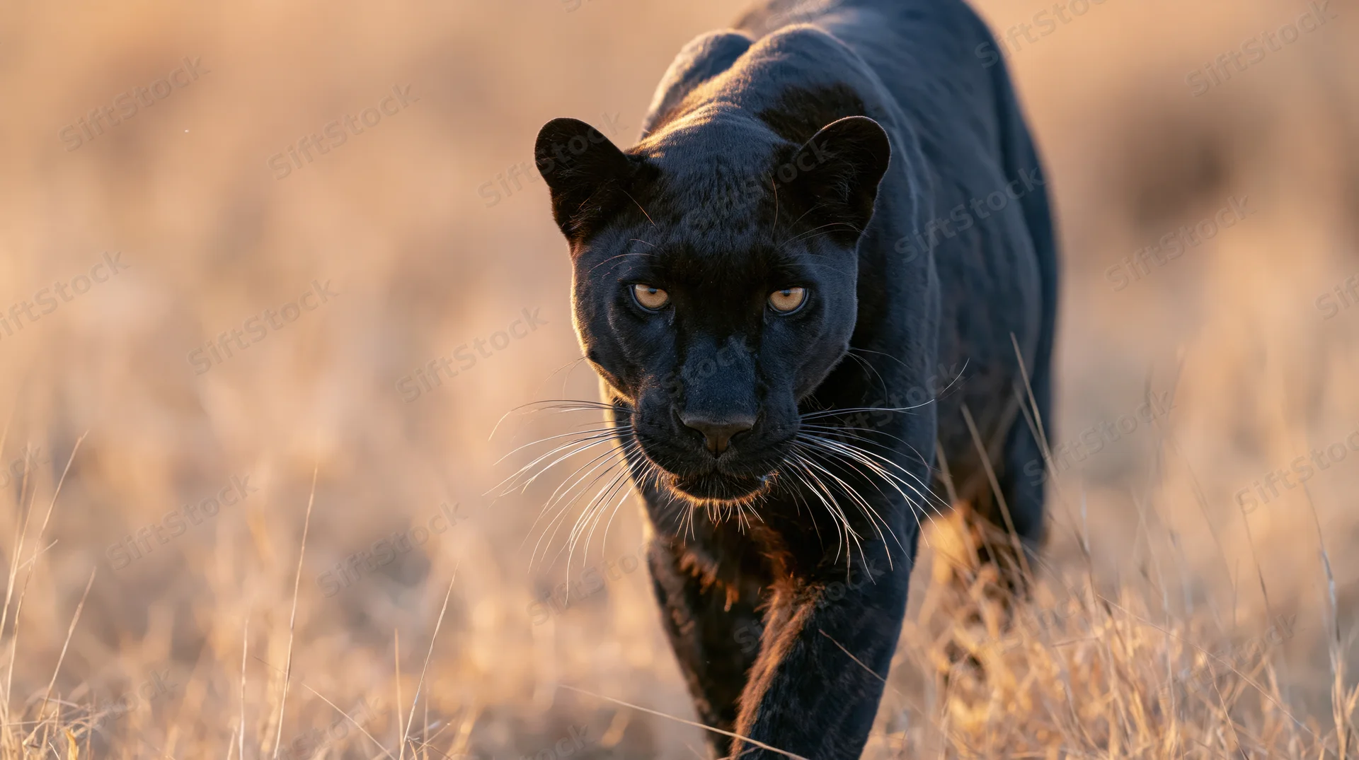 Black leopard stalking forward through dry savanna grass at golden hour
