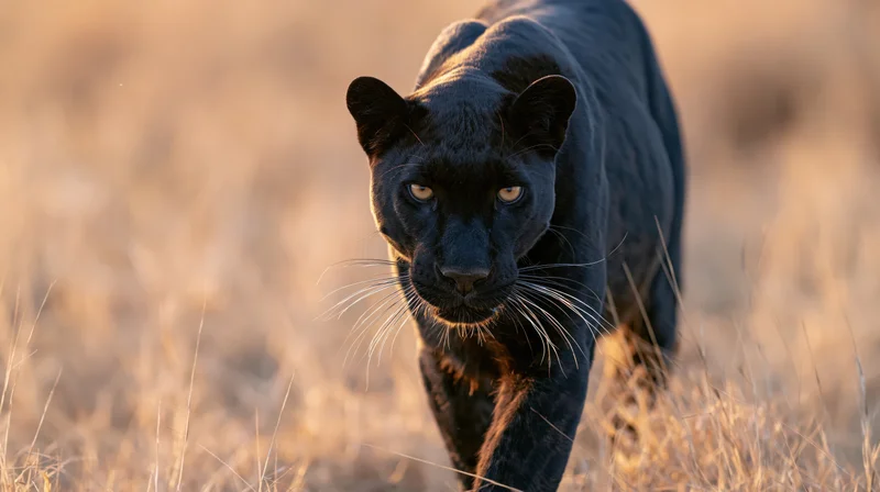 Black leopard stalking forward through dry savanna grass at golden hour