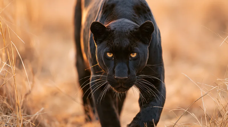 Black leopard stalking directly toward camera through dry savanna grass at golden hour