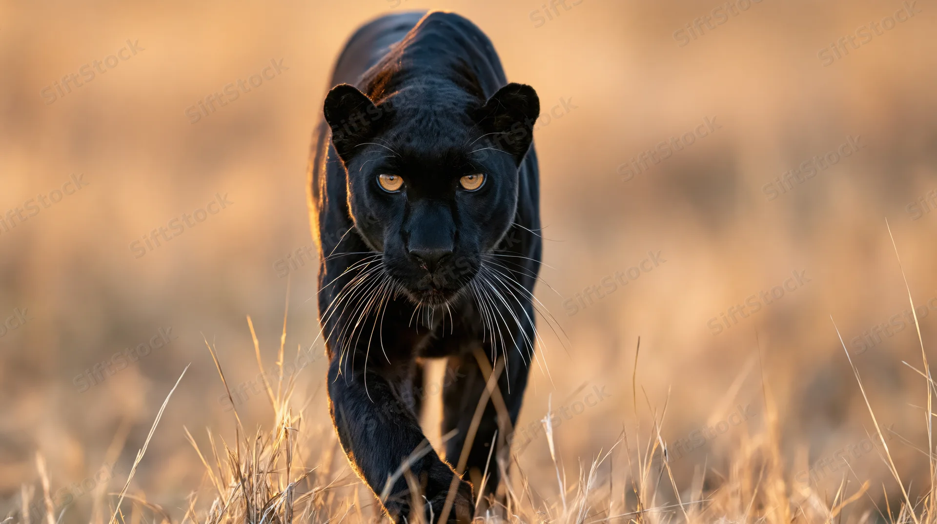 Black leopard stalking through dry grass in golden light