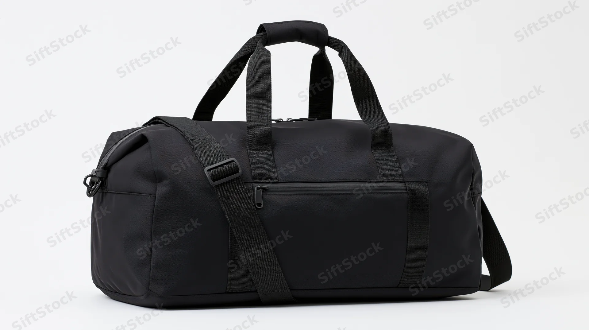 Black nylon duffel bag with top handles and front zipper pocket on white background