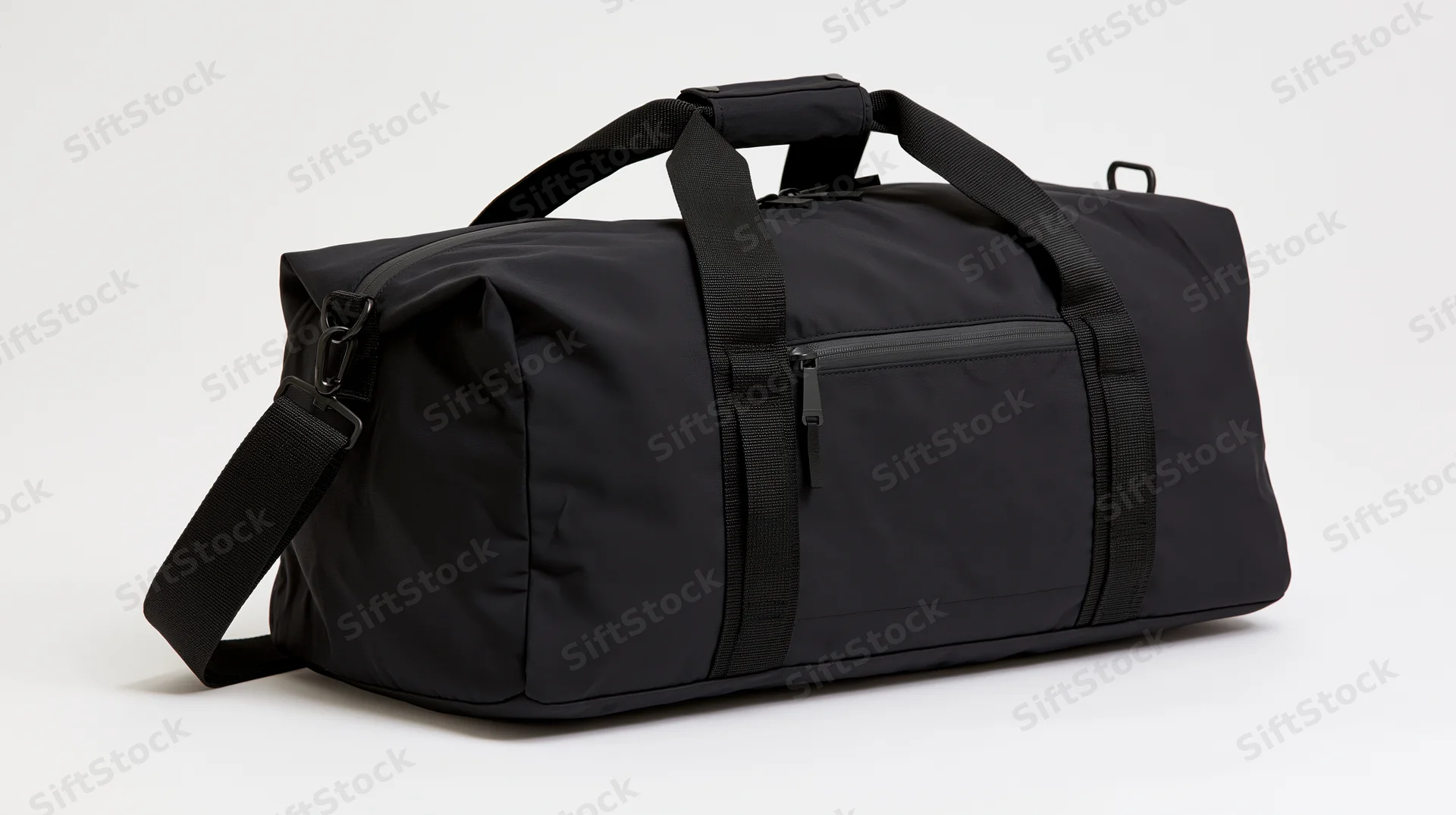 Black nylon duffel bag with top handles and front zipper pocket on white background