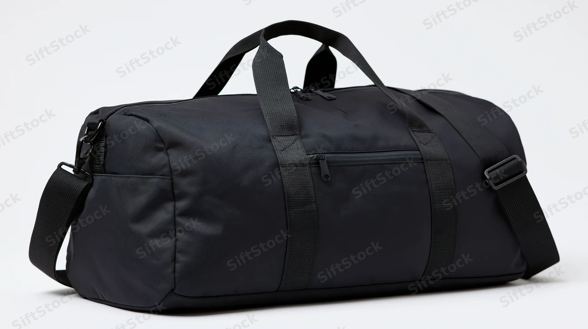 Black nylon duffle bag with zippered front pocket and adjustable strap on white background