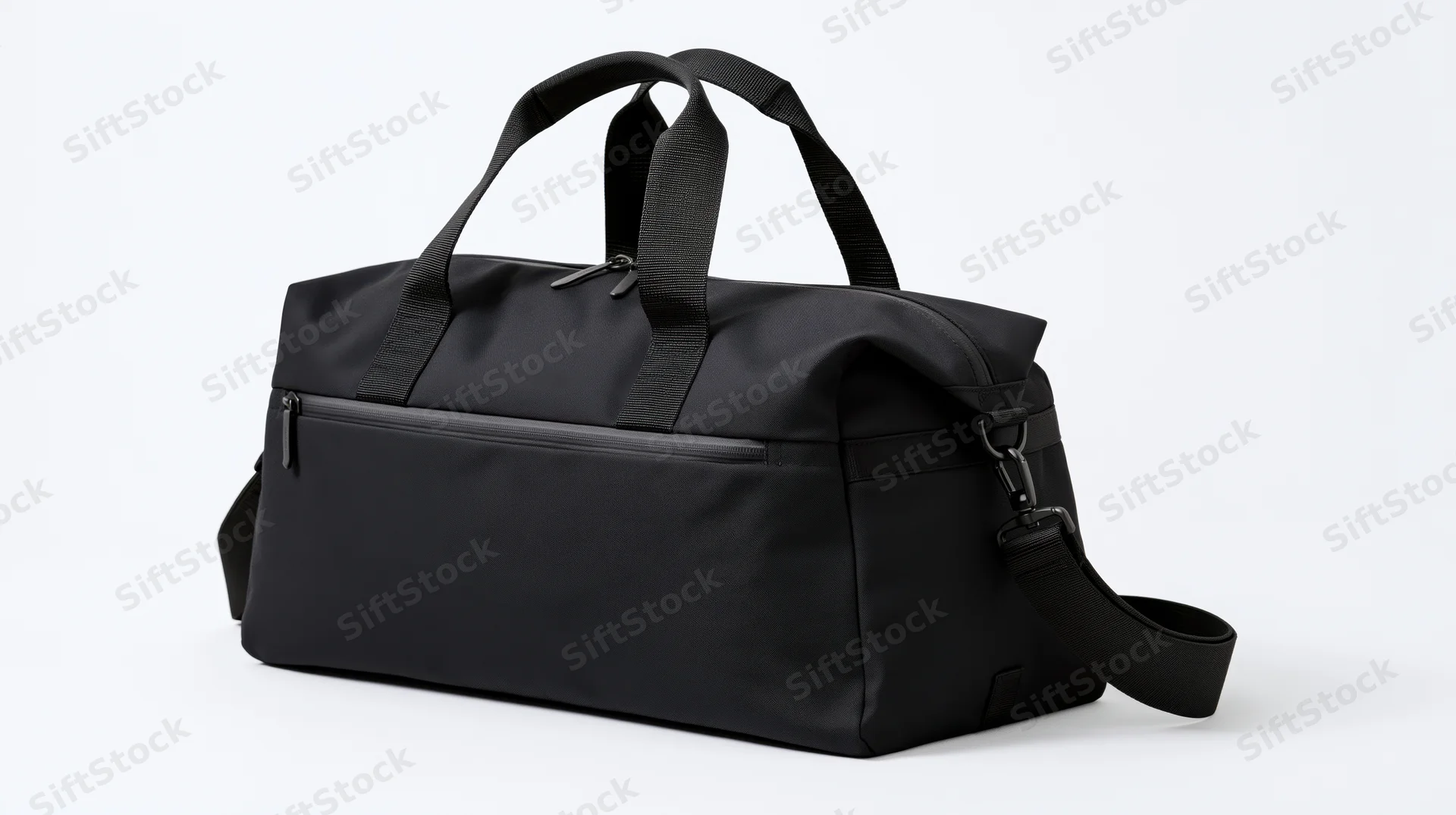 Black nylon duffle bag with zippered front pocket and adjustable strap on white background
