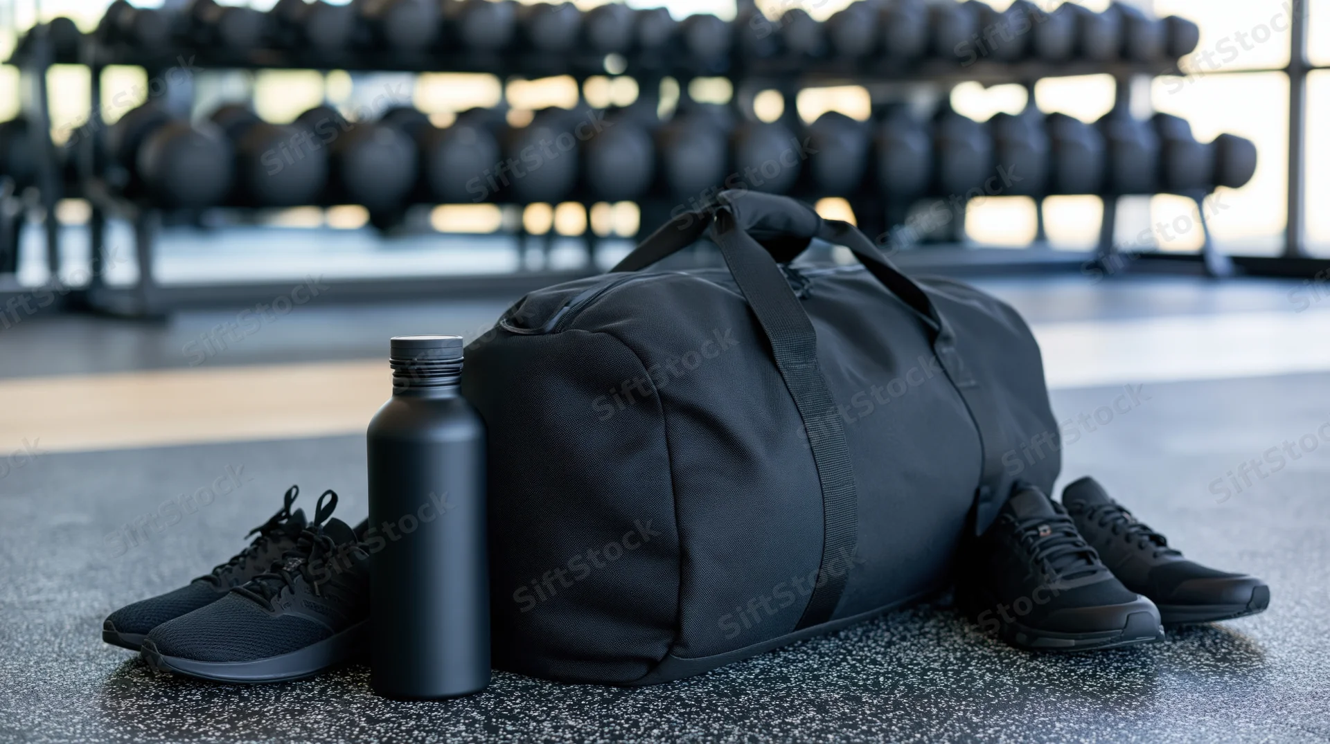 Black nylon gym duffel bag with sneakers and water bottle on rubber gym floor