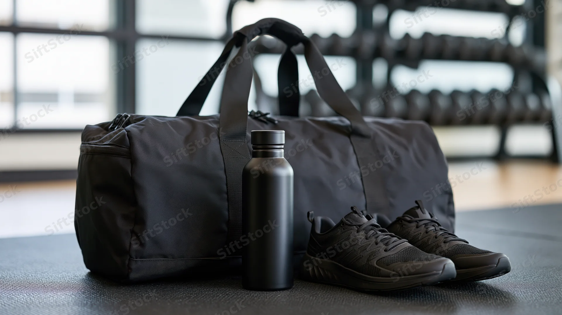 Black nylon gym duffel bag with sneakers and water bottle on rubber gym floor