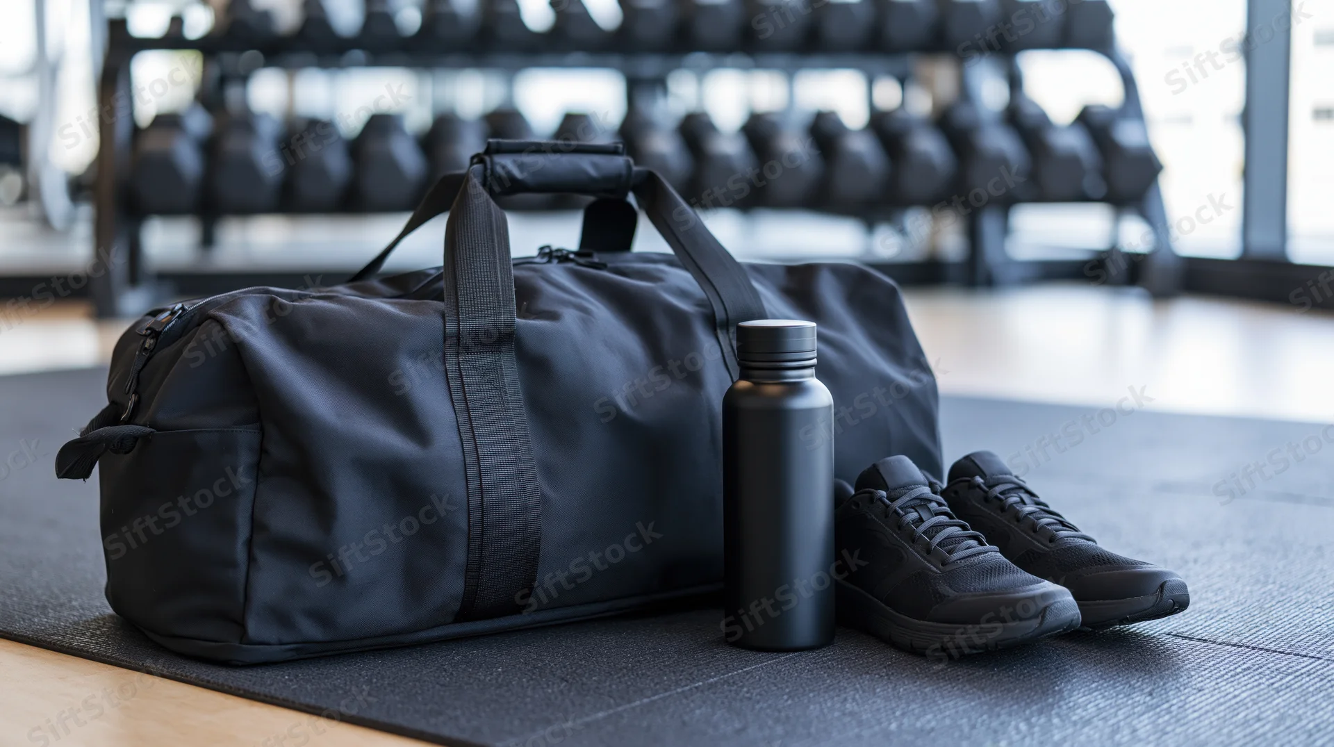 Black nylon gym duffel bag with sneakers and water bottle on rubber gym floor
