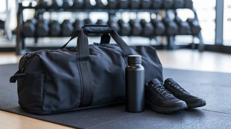 Black nylon gym duffel bag with sneakers and water bottle on rubber gym floor