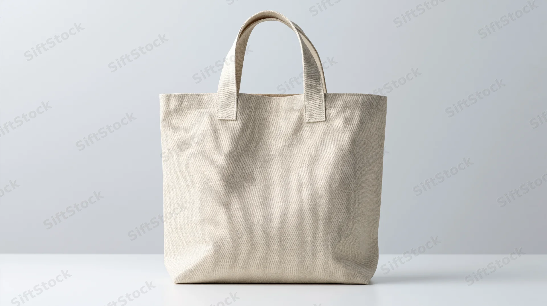 Blank canvas tote bag standing upright on a white surface