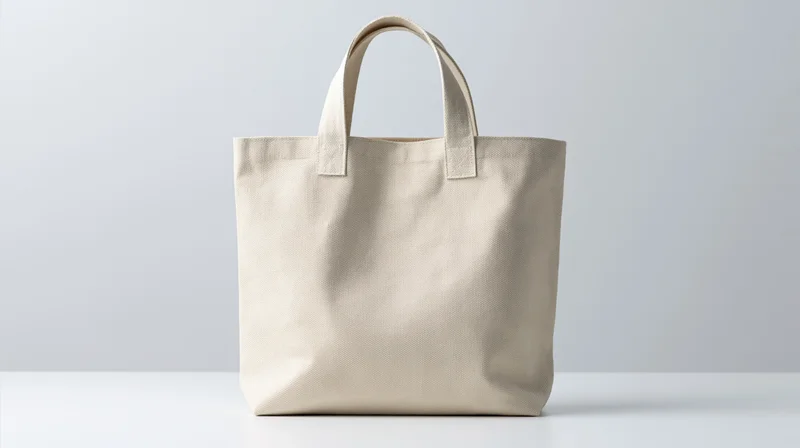 Blank canvas tote bag standing upright on a white surface
