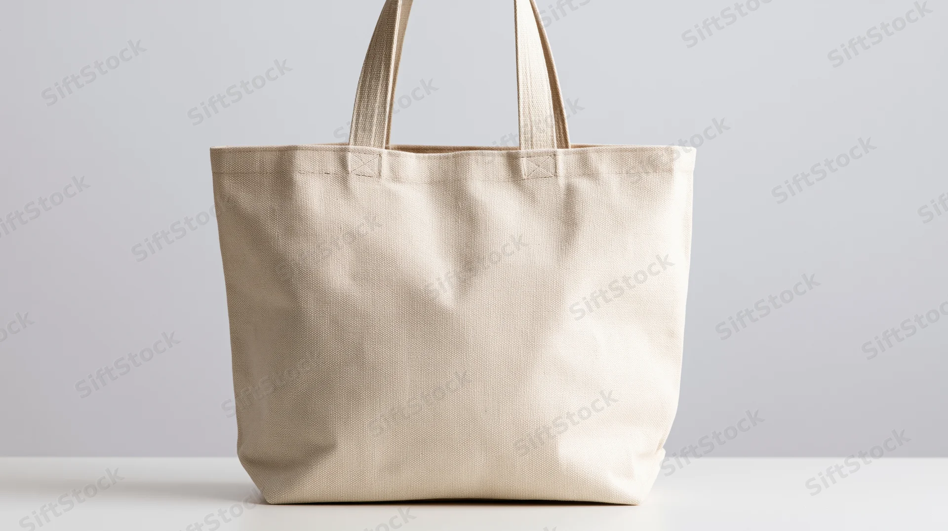 Blank canvas tote bag standing upright on white surface