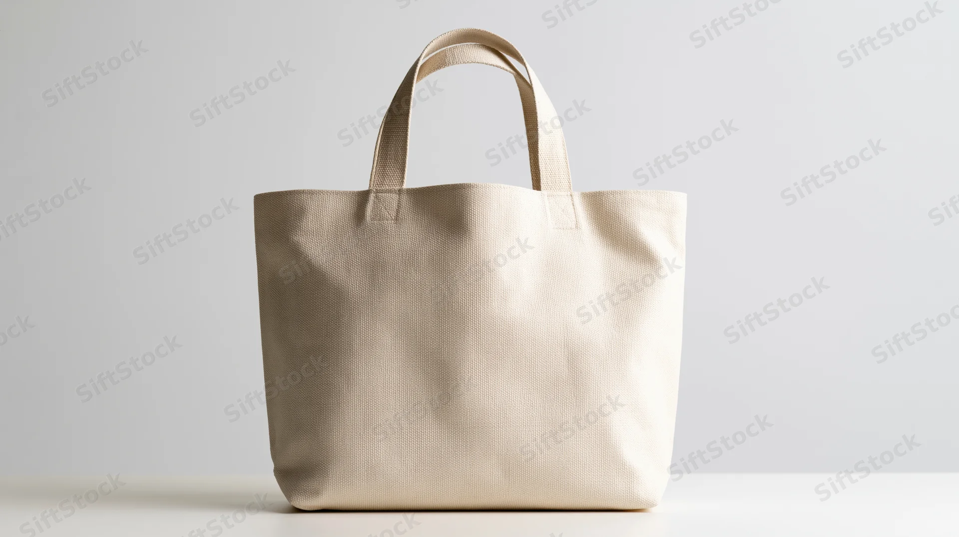 Blank canvas tote bag standing upright on a white surface