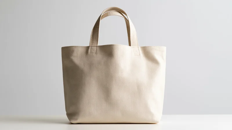 Blank canvas tote bag standing upright on a white surface