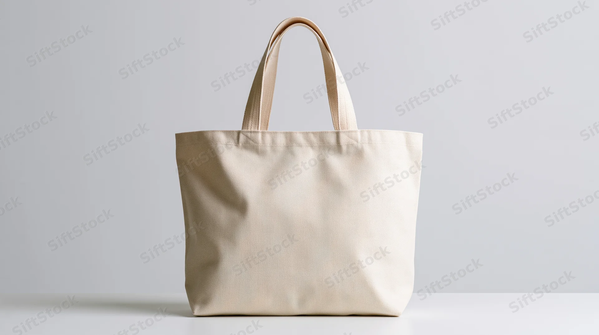 Blank canvas tote bag standing upright on a white surface