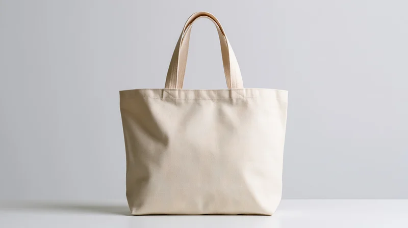 Blank canvas tote bag standing upright on a white surface