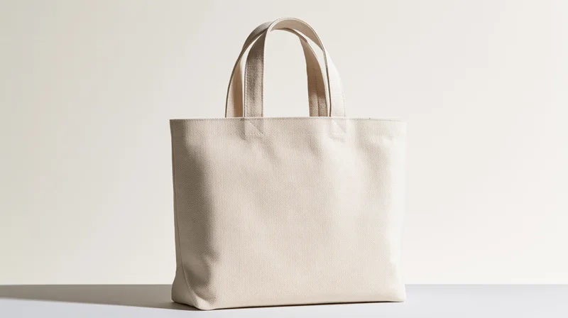 Cream canvas tote bag standing upright on a white surface