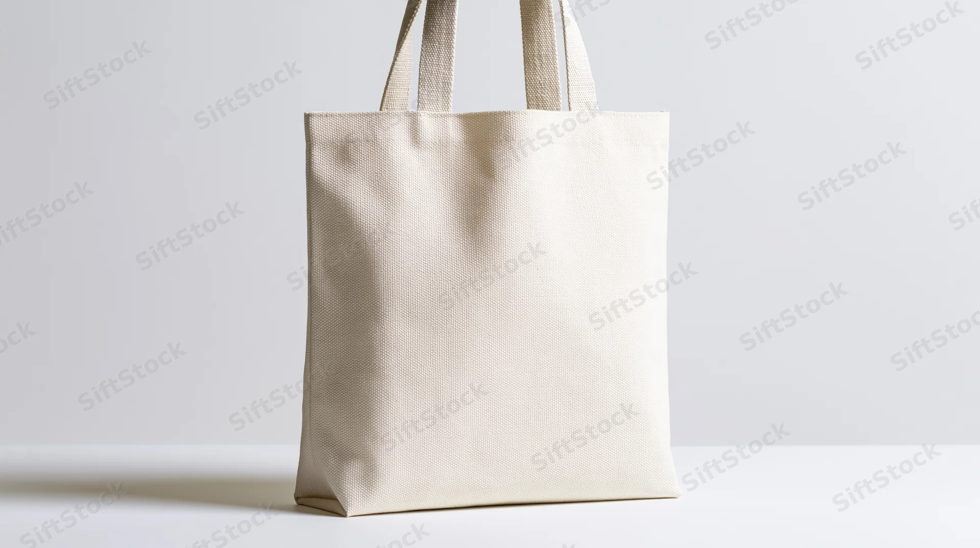 Cream canvas tote bag standing upright on a flat white surface
