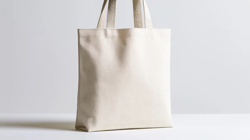 Cream canvas tote bag standing upright on a flat white surface
