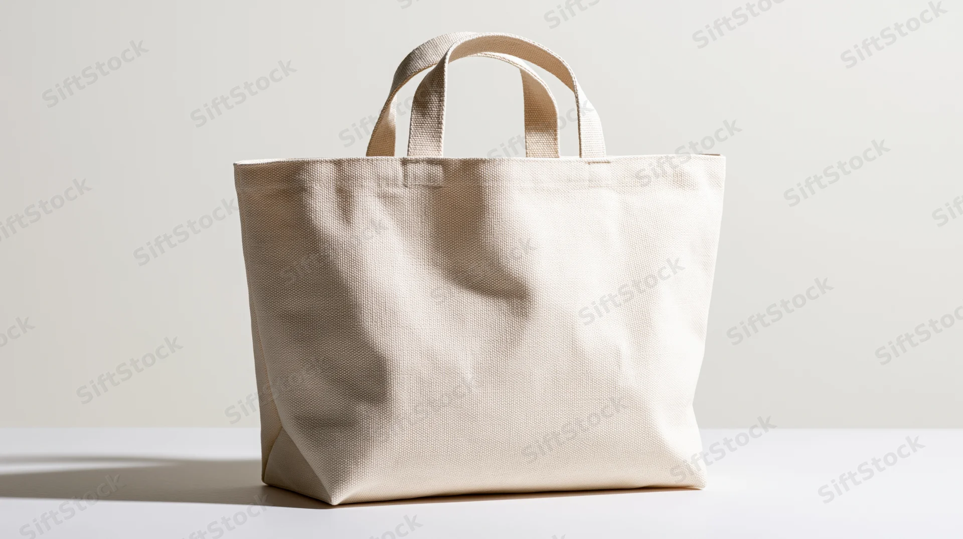 Cream canvas tote bag standing upright on a white surface with soft lighting and shadow