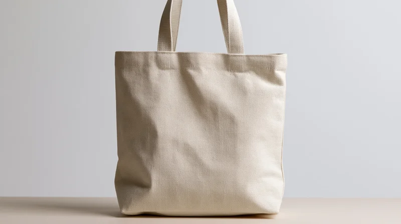 Cream canvas tote bag standing upright on a flat surface