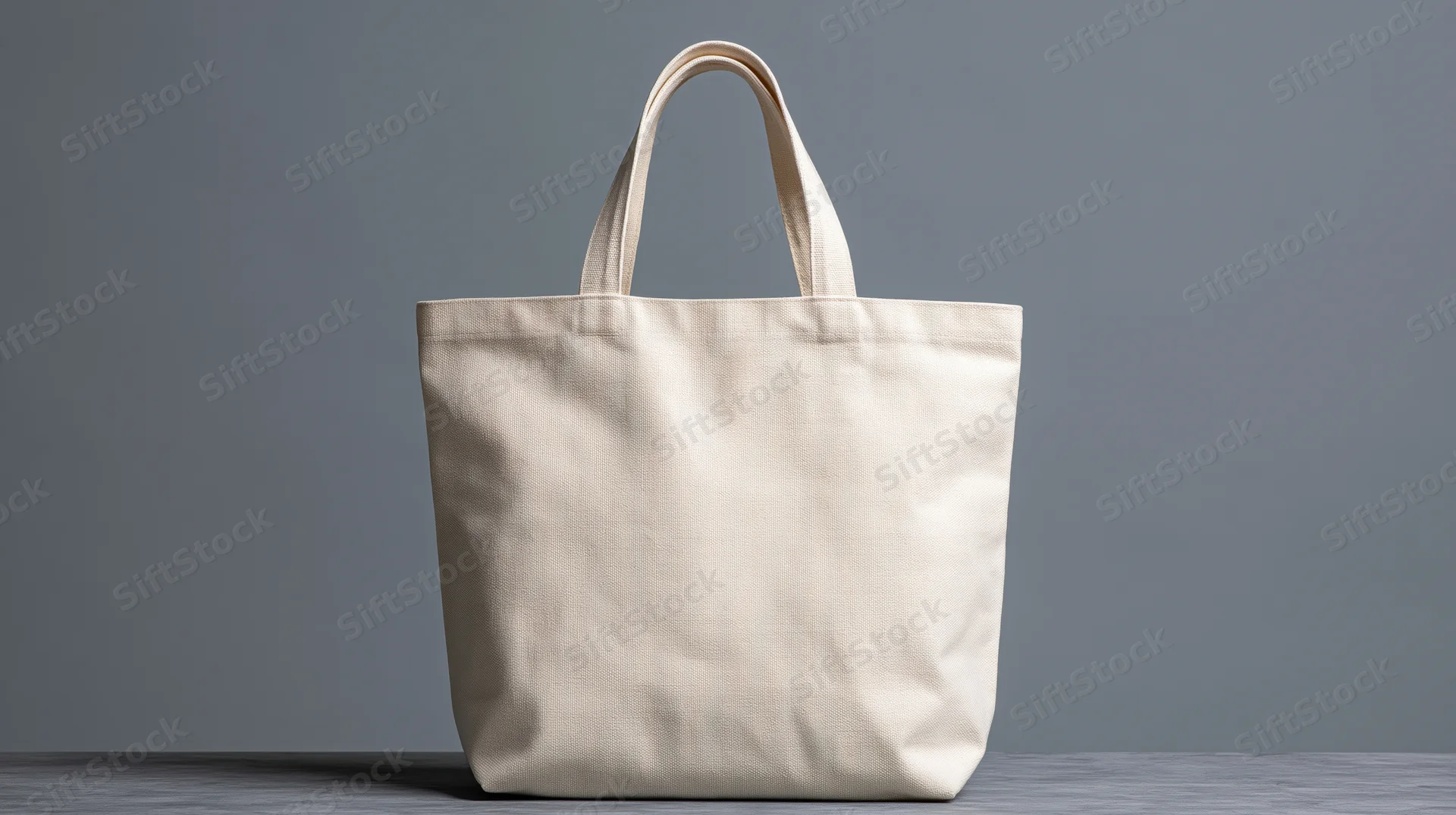 Cream canvas tote bag standing upright on a flat surface