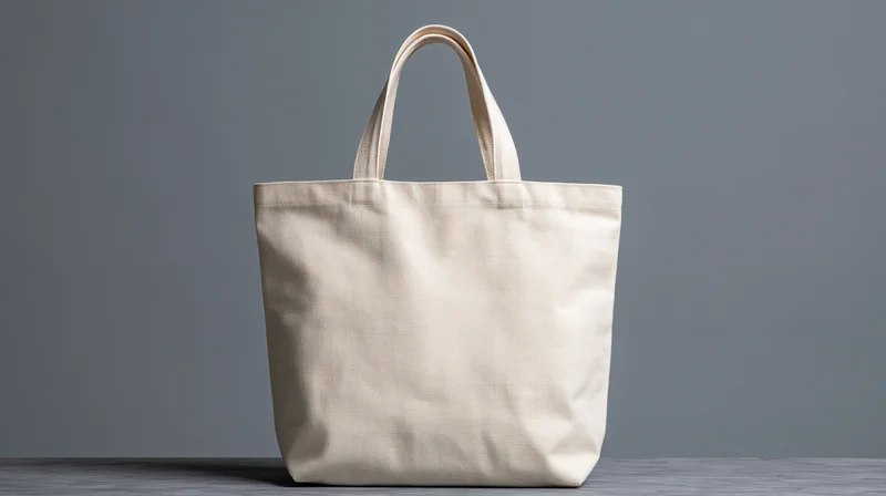 Cream canvas tote bag standing upright on a flat surface