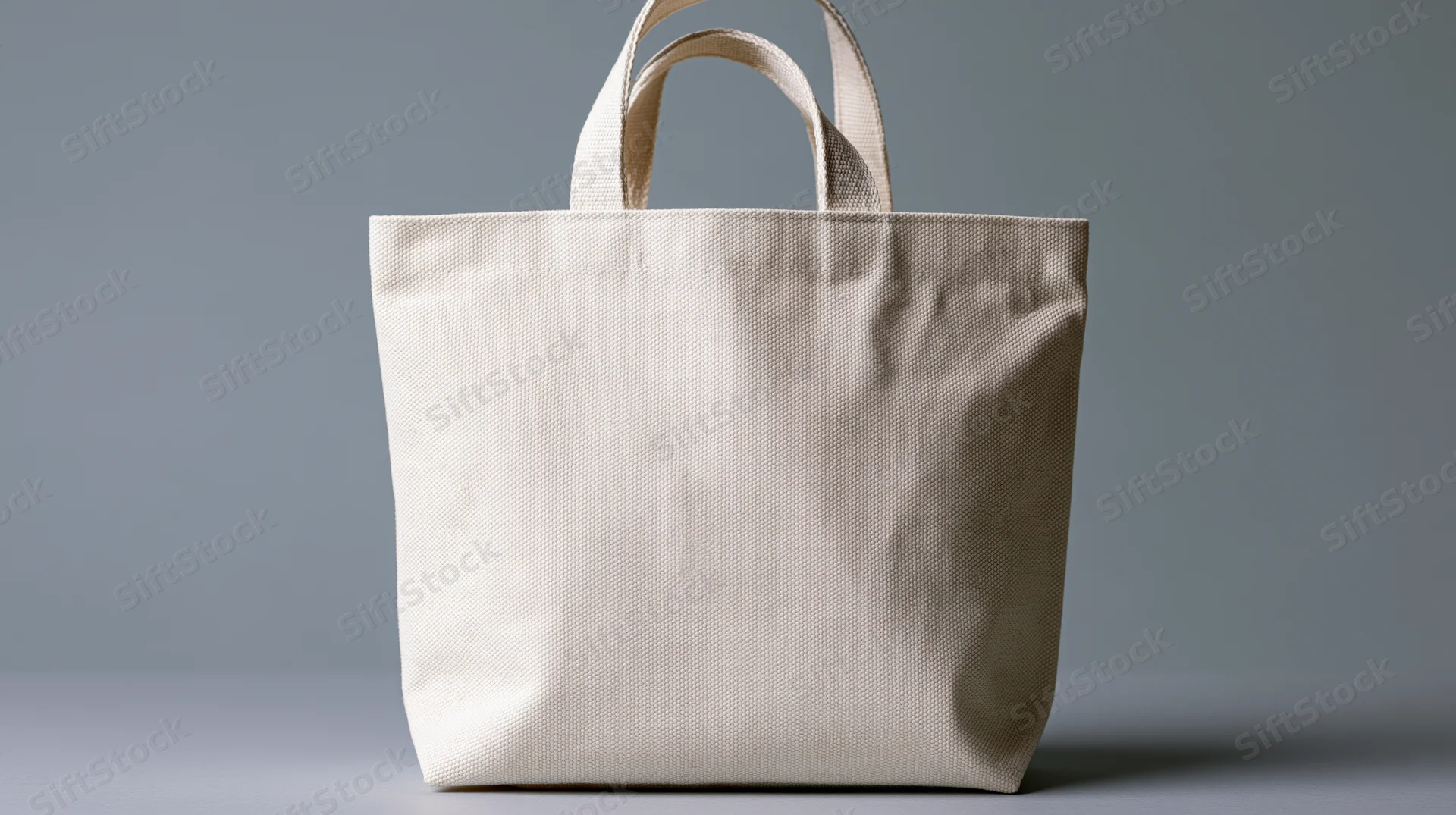 Cream canvas tote bag standing upright on a flat surface