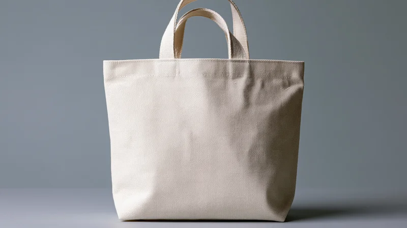 Cream canvas tote bag standing upright on a flat surface