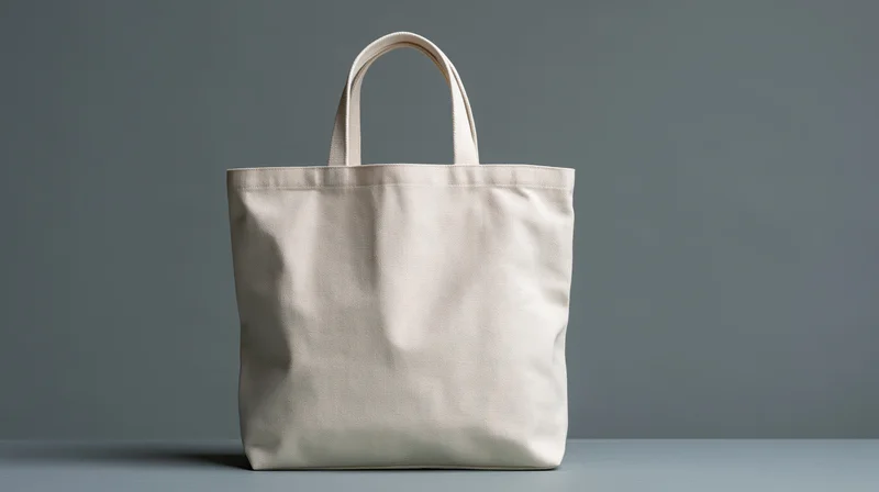 Cream canvas tote bag standing upright on a flat surface