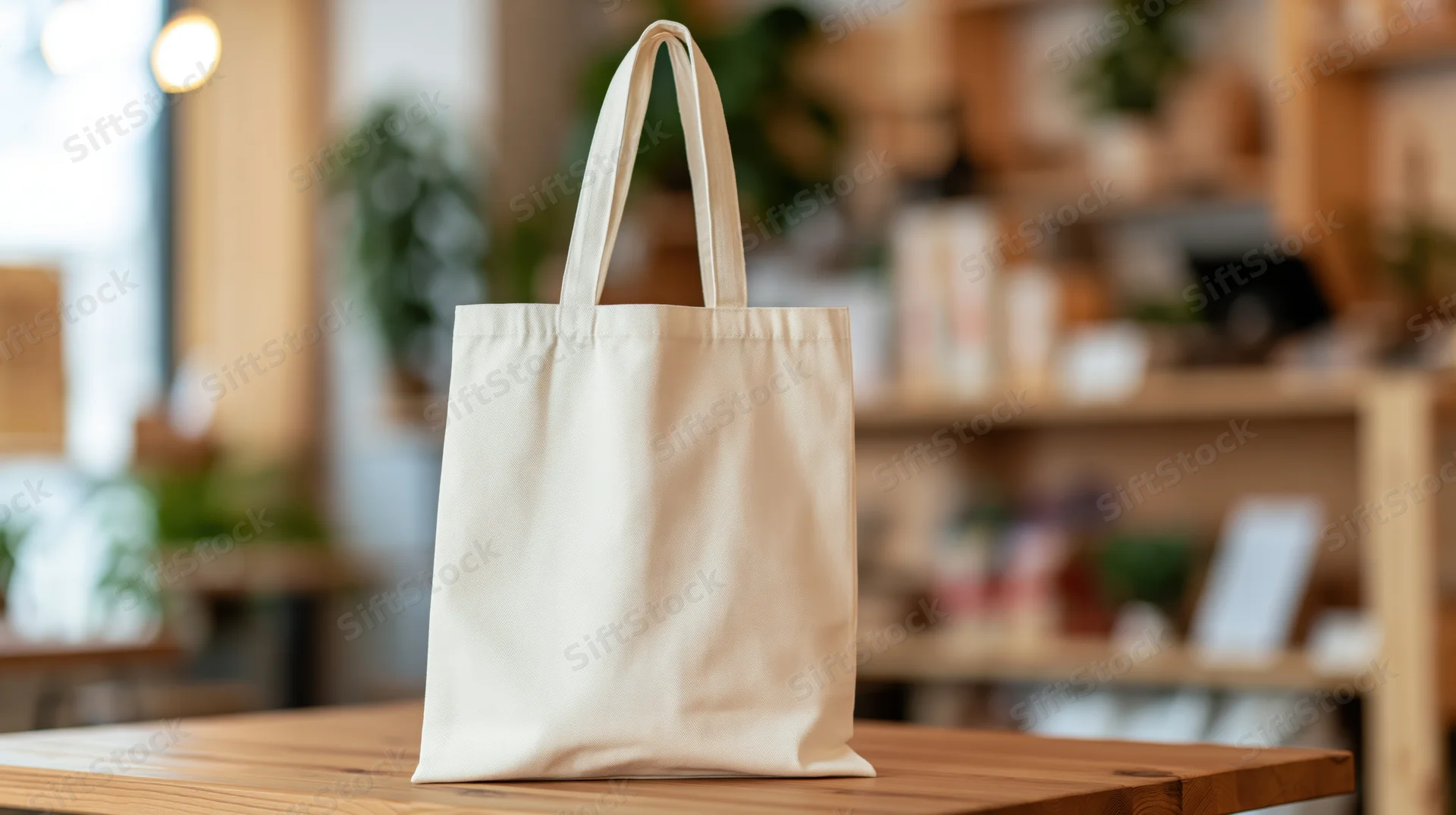Cream canvas tote bag standing upright on wooden table in retail store interior