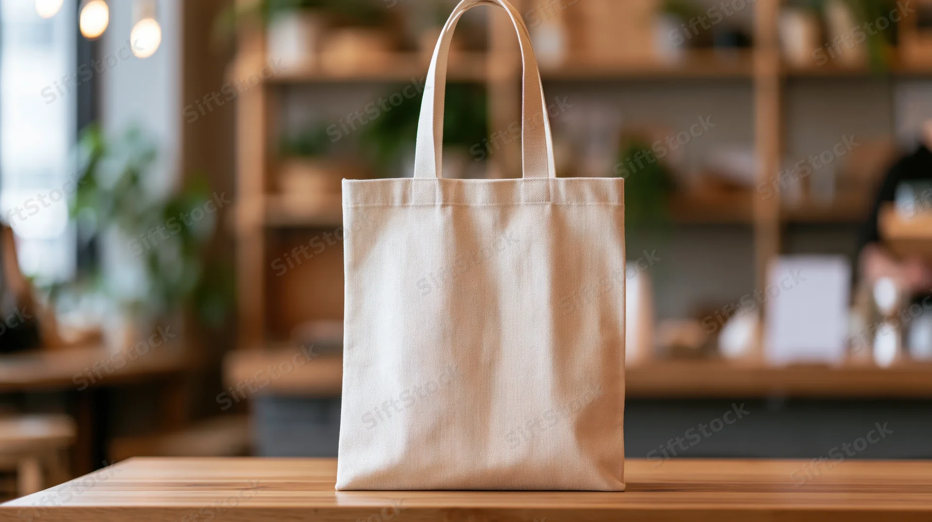Cream canvas tote bag standing upright on wooden table in retail store interior