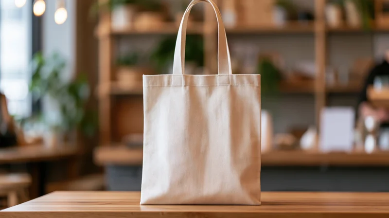 Cream canvas tote bag standing upright on wooden table in retail store interior