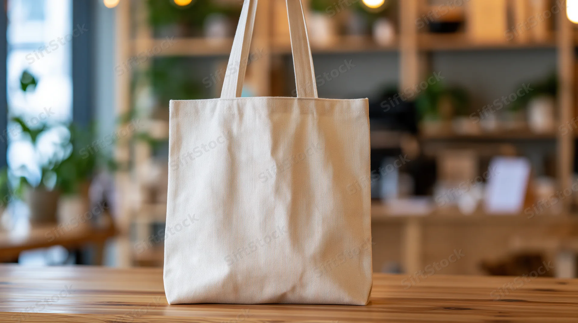 Cream canvas tote bag standing upright on wooden table in retail store interior
