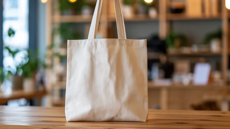 Cream canvas tote bag standing upright on wooden table in retail store interior